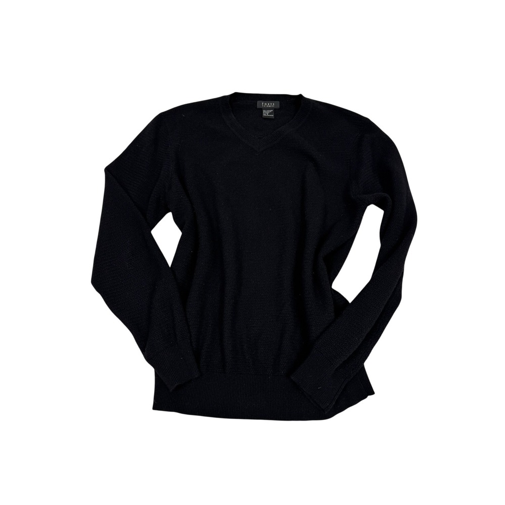 Forte Cashmere Women Black V-Neck Waffle Knit 100% Cashmere Sweater Size S